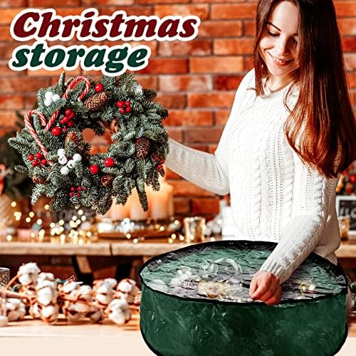 Dunzy 8 Pieces Wreath Container Christmas Wreath Storage Bag Garland Tear Resistant Fabric Round Boxes with Clear Window for Storage for Xmas Holiday Ornament(30×30×7.8 Inch,Green) - Image 4
