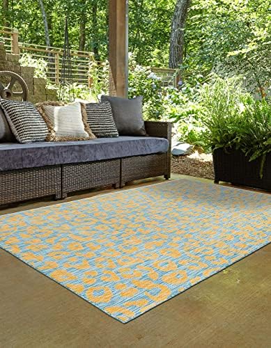 Unique Loom Outdoor Safari Collection Area Rug - Leopard (10' x 14' 1" Rectangle, Blue Yellow/ Blue) - Image 4