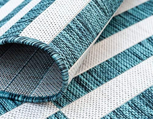 Unique Loom Outdoor Striped Collection Area Rug - Striped (5' 1" x 8' Rectangle, Teal/Ivory) - Image 6