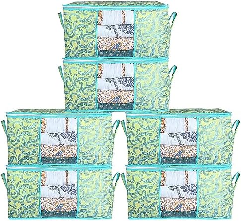 Kuber Industries Foldable Underbed Storage Bag|Organizer For Clothes Large|Non-Woven Comforter, Blanket Cover|Leaf Print & Side Handle|Pack of 6 (Green) by Kuber+Industries