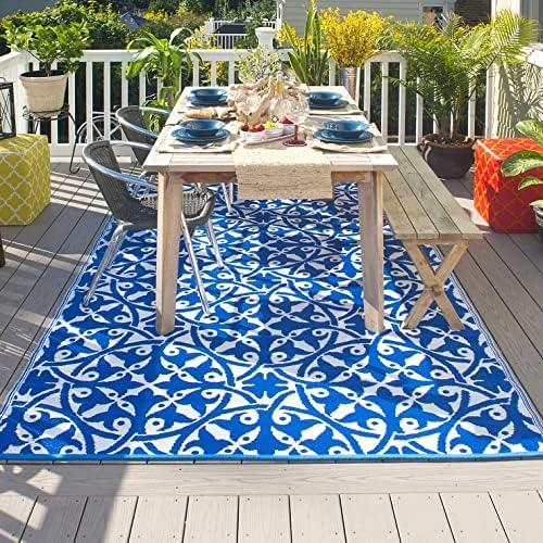 Fab Habitat Outdoor Rug - Waterproof, Fade Resistant, Crease-Free - Premium Recycled Plastic - Spanish Tile Farmhouse - Large Patio, Deck, Sunroom, Camping, RV - San Juan - Dark Blue - 6 x 9 ft - Image 3