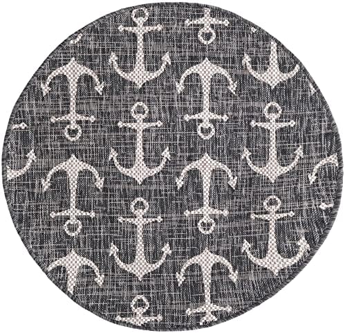 Unique Loom Outdoor Coastal Collection Area Rug - Ahoy (3' 3" Round, Charcoal/ Ivory) - Image 3