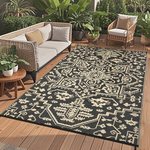 GAOMON 9x12 Waterproof Outdoor Rug for Patio Reversible Plastic Straw Rug Easy to Clean Vintage Floral Picnic Rug Fold Portable Carpet for Patio RV Deck Balcony Backyard Cmping Beach, Black Brown by GAOMON