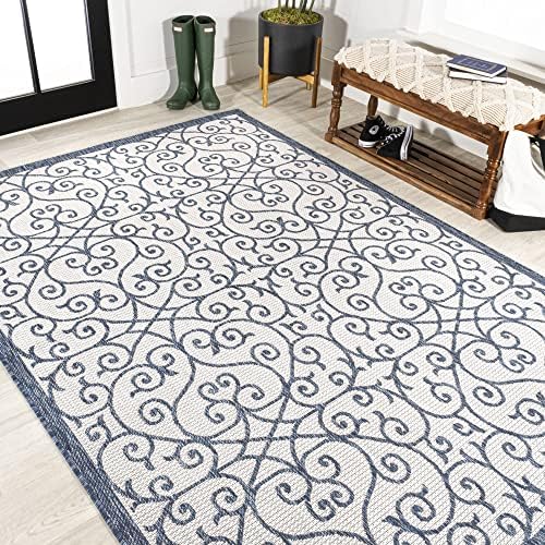 Eyely Filigree Textured Weave Area Rug 4X6 Blue/Cream, Indoor Outdoor Rug - Image 4