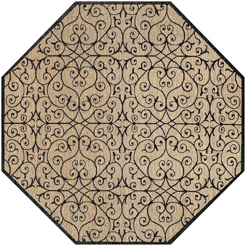 Eyely Filigree WeaveOctagon Area Rug 5 Ft Black/Khaki, Indoor Outdoor Rug by eyely