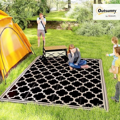 Outsunny 9' x 12' Reversible Outdoor Rug, Black & Beige - Image 2