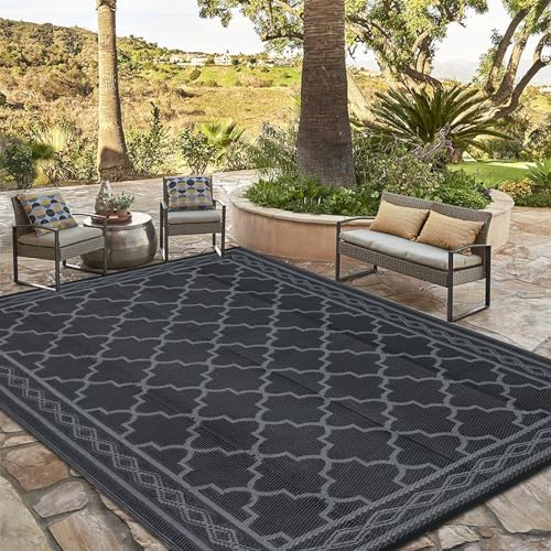 GAOMON Outdoor Plastic Straw Rug, 10'x20' Reversible Sage Green Patio Mat, Flower Modern Design for RV, Backyard, Deck, Camping, Picnic, Black/Grey(Geometric) - Image 3