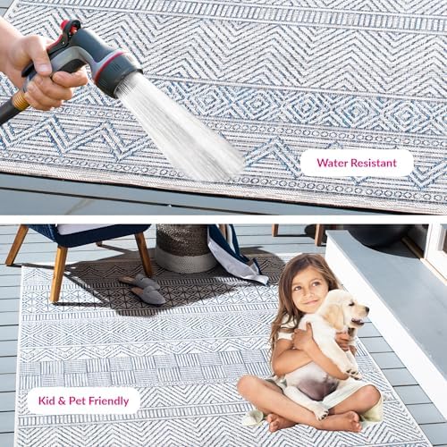 SAFAVIEH Washable Rug Outdoor Courtyard Collection - 5'3" x 7'7", Ivory & Navy, Non-Shedding & Easy Cleaning, Ideal for Patio, Backyard, Mudroom (CY8196-53412) - Image 2