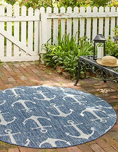 Unique Loom Outdoor Coastal Collection Area Rug - Ahoy (3' 3" Round, Blue/ Ivory) - Image 4