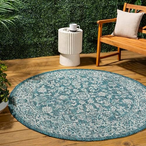 JONATHAN Y Weave Floral Indoor Outdoor Round Area Rug 5 Ft Teal/Gray, Tela Bohemian Textured for Backyard, Patio, Porch, Easy-Cleaning, High Traffic, Pet-Friendly, Non-Shedding (SMB100C-5R) by JONATHANY