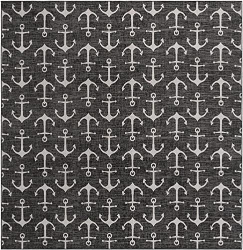 Unique Loom Outdoor Coastal Collection Area Rug - Ahoy (13' Square, Charcoal/ Ivory) - Image 3