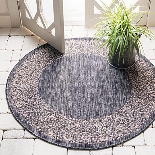 Unique Loom Outdoor Border Collection Area Rug - Floral Border (10' 8" Round, Charcoal Gray/ Beige) by UniqueLoom