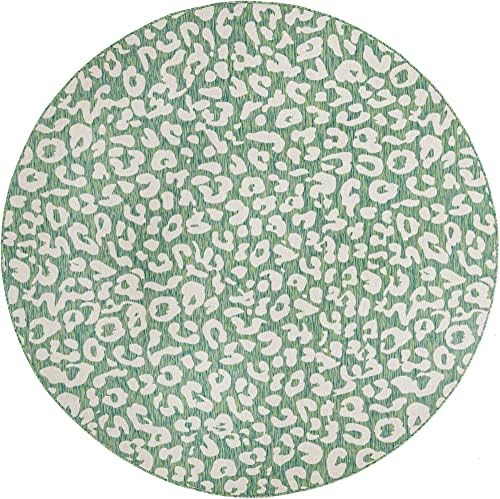 Unique Loom Outdoor Safari Collection Area Rug - Leopard (10' Round, Green Blue/ Ivory) - Image 2