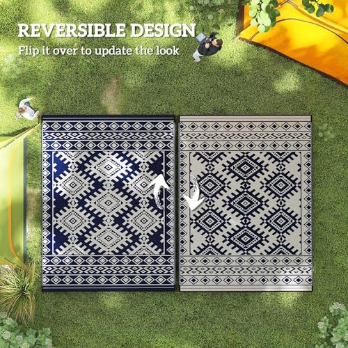 Outsunny Outdoor Rug for Patio Waterproof 9' x 12' Blue & White Rhombus - Image 7
