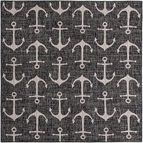 Unique Loom Outdoor Coastal Collection Area Rug - Ahoy (7' 10" Square, Charcoal/ Ivory) - Image 3