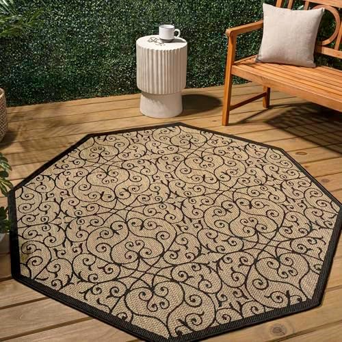 Eyely Filigree WeaveOctagon Area Rug 8 Ft Black/Khaki, Indoor Outdoor Rug by eyely