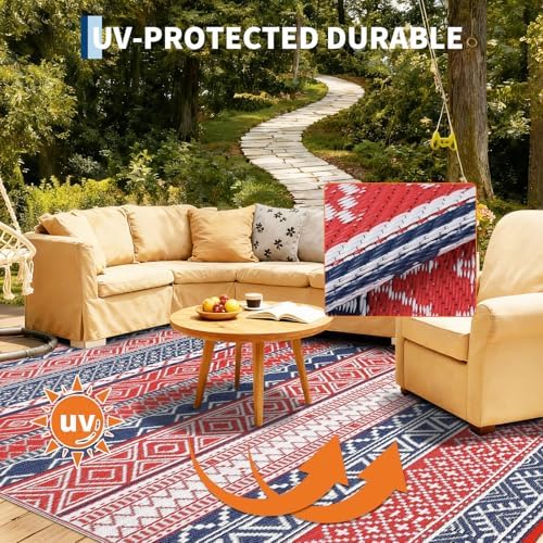 Outdoor Rug 9x12 Reversible Patio Rug Boho Outdoor Plastic Straw Rugs Bohemian Waterproof Outside Carpet for Deck RV Camping Rugs for Patio Backyard Picnic Porch Beach Balcony, Red Navy - Image 4