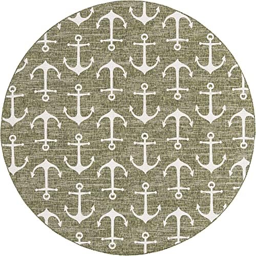 Unique Loom Outdoor Coastal Collection Area Rug - Ahoy (10' Round, Green/ Ivory) - Image 3
