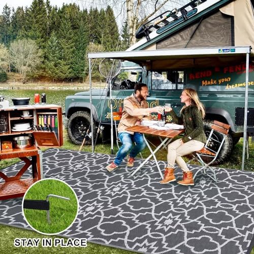Reversible Mat 8x10 Plastic Straw Rug Outdoor Rug Geometric Area Rug Waterproof Patio Rug Outdoor Camping Rug for RV Porch Deck Camper Balcony Backyard Easy Cleaning Picnic Mat Grey White - Image 3