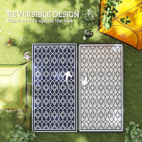 Outsunny Outdoor Rug for Patio Waterproof 9' x 18' Blue & White Lantern - Image 7