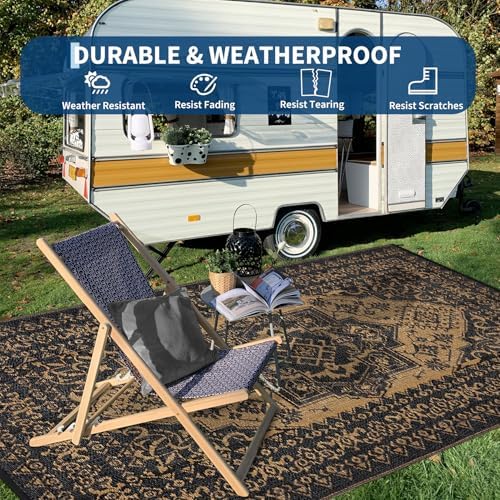 Boho 8x10 Plastic Straw Rug Reversible Mat Outdoor Medallion Area Rug Waterproof Patio Rugs Outdoor Camping Rugs for RV Porch Deck Camper Balcony Backyard Easy Clean Picnic Mat, Black Brown - Image 6