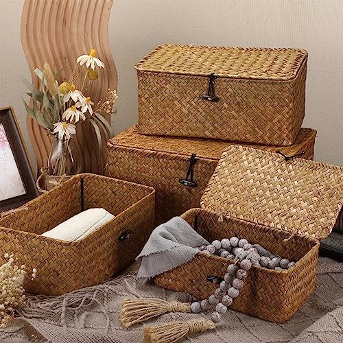 Woanger Set of 4 Wicker Baskets with Lids, Orange - Image 3