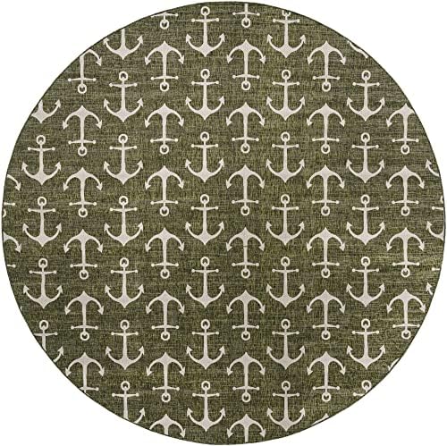 Unique Loom Outdoor Coastal Collection Area Rug - Ahoy (13' Round, Green/ Ivory) - Image 3