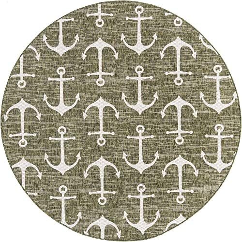 Unique Loom Outdoor Coastal Collection Area Rug - Ahoy (7' 10" Round, Green/ Ivory) - Image 3