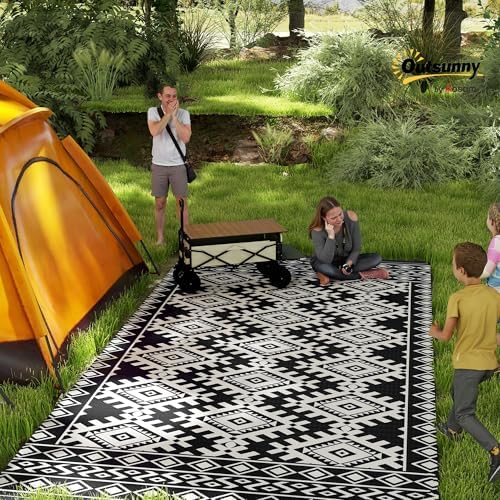 Outsunny Outdoor Rug for Patio Waterproof 9' x 18' Black & White Rhombus - Image 2