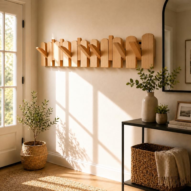 Coat Hanger Wall Mount, Solid Beech Wooden Hooks, Natural, 10 Hooks - Image 6