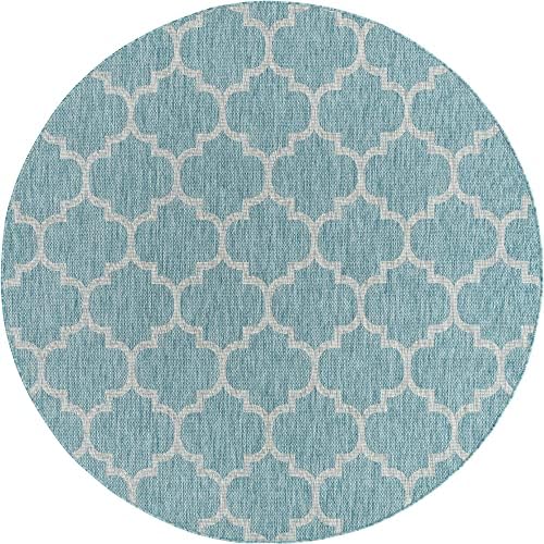 Unique Loom Outdoor Trellis Collection Area Rug (7' 10" Round, Aquamarine/ Gray) - Image 3