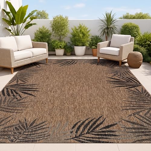 JONATHAN Y Tuscan Sun Polypropylene Indoor Outdoor Area Rug, Brown and Dark Gray Isla Coastal Cottage Palm Frond Border Design, 2'11" x 4'11", Durable Low-Pile for Patio or Entryway TSN207E-3 by JONATHANY