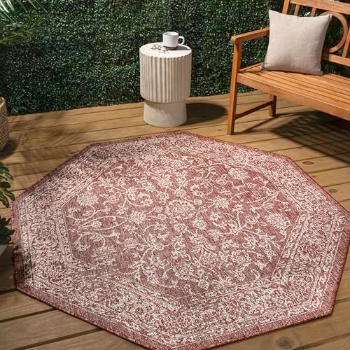 JONATHAN Y Weave Floral Indoor Outdoor Octagon Area Rug 8 Ft Red/Taupe, Tela Bohemian Textured for Backyard, Patio, Porch, Easy-Cleaning, High Traffic, Pet-Friendly, Non-Shedding (SMB100A-8TGN) - Image 3