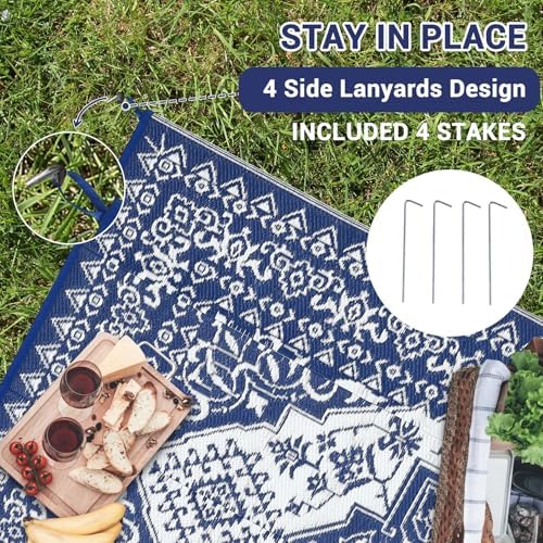 COZYLOOM Outdoor Rug for Patio Clearance,9'x18' Waterproof Mat,Reversible Plastic Camping Rugs with 4 Stakes, Medallion Vintage Large Carpet for Rv, Porch,Deck,Camper,Balcony,Backyard, Navy & White - Image 5