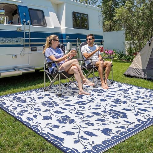 Garvee Camping Rugs for Outside Your RV 10x14 Floral Patio Rugs,Navy＆White - Image 2