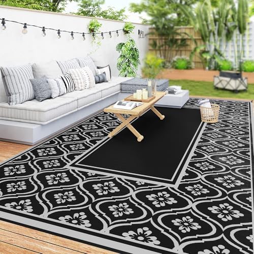 Outsunny Outdoor Rug for Patio Waterproof 9' x 18' Black & Gray Gourd by Outsunny