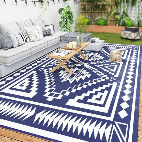 Outsunny Outdoor Rug for Patio Waterproof 9' x 18' Blue & White Square by Outsunny