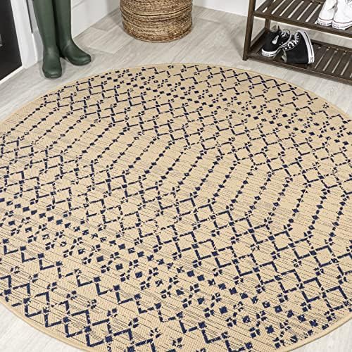 Eyely Moroccan Textured Weave Round Rug 6 Ft Beige/Navy, Indoor Outdoor Rug by eyely