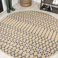 Eyely Moroccan Textured Weave Round Rug 6 Ft Beige/Navy, Indoor Outdoor Rug by eyely