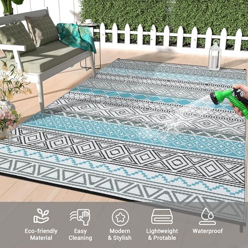 Reversible Mat 8x10 Plastic Straw Rug Outdoor Rug Bohemian Area Rug Waterproof Patio Rug Outdoor Camping Rug for RV Porch Deck Camper Balcony Backyard Easy Cleaning Picnic Mat Grey Teal - Image 3