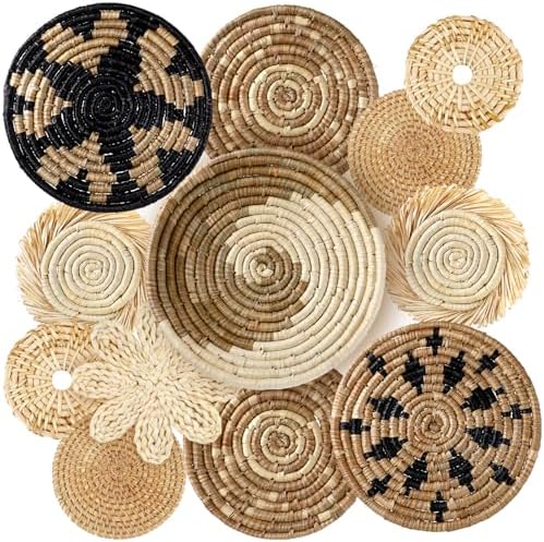11 Pcs Boho Hanging Wall Basket Decor Handmade Woven Basket Wall Decorative Boho Wicker Baskets Placemats Round Farmhouse Bulrush Art for Rustic Home Decorations Christmas Gift(Rustic) by Xuhal