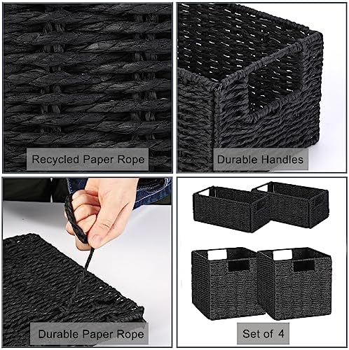 Vagusicc Wicker Storage Baskets, Set of 2 Hand-Woven Foldable Cube Storage Baskets for Shelves with Handles 13 inches + Set of 2 Small Wicker Storage Baskets for Organizing Toilet Shelves,Black - Image 2