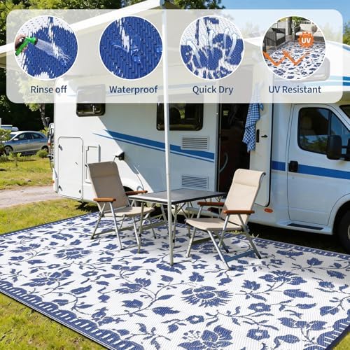 Garvee Camping Rugs for Outside Your RV 10x14 Floral Patio Rugs,Navy＆White - Image 4
