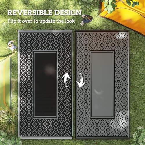 Outsunny Outdoor Rug for Patio Waterproof 9' x 18' Black & Gray Gourd - Image 7