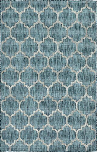 Unique Loom Outdoor Trellis Collection Area Rug (5' 3" x 8' Rectangle, Teal/ Gray) - Image 3