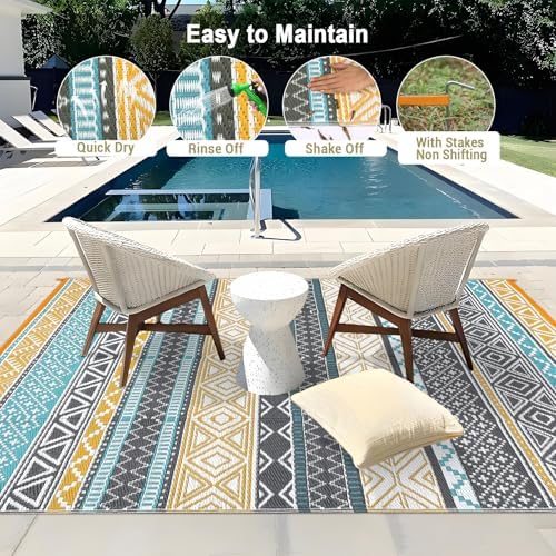 GAOMON Outdoor Rug 9'x12' Waterproof Rug for Patio Decor, Foldable Reversible Plastic Straw Area Rugs Mat for Camper, Outside Carpet for Deck, Porch, Picnic, Beach, Teal/Yellow(Bohemia) - Image 2