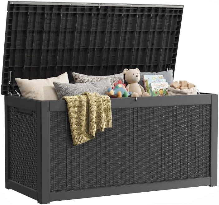 325 Gallon Outdoor Deck Box, Lockable Waterproof Outdoor Storage Boxes For Garden Tools,Indoor Cushions,Accessories Outside Storage Resin Weatherproof Container, Black by GraceYourYard