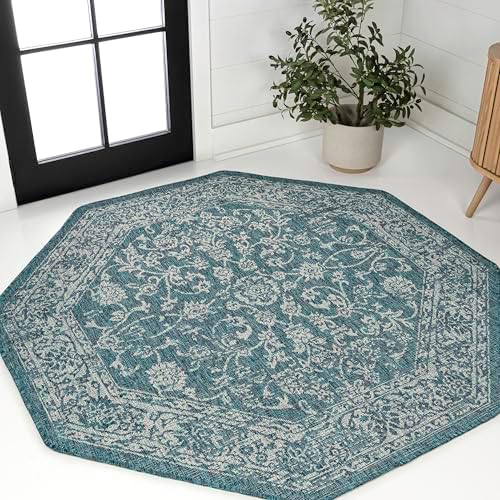 JONATHAN Y Weave Floral Indoor Outdoor Octagon Area Rug 5 Ft Teal/Gray, Tela Bohemian Textured for Backyard, Patio, Porch, Easy-Cleaning, High Traffic, Pet-Friendly, Non-Shedding (SMB100C-5TGN) by JONATHANY