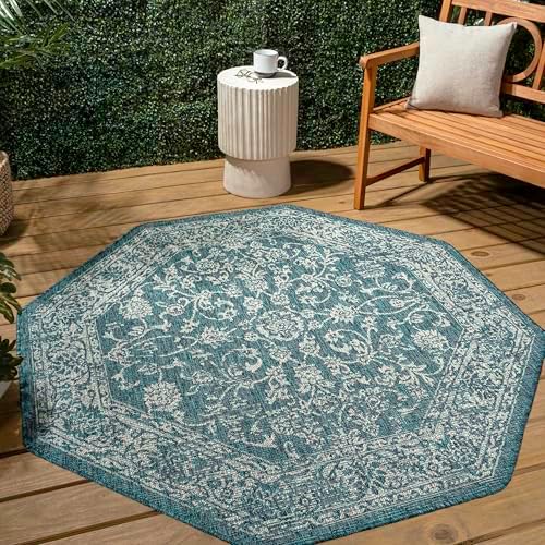 JONATHAN Y Weave Floral Indoor Outdoor Octagon Area Rug 8 Ft Teal/Gray, Tela Bohemian Textured for Backyard, Patio, Porch, Easy-Cleaning, High Traffic, Pet-Friendly, Non-Shedding (SMB100C-8TGN) - Image 3