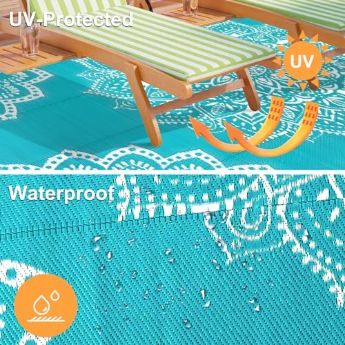 Yamaziot Outdoor Rug 9' x 18', Waterproof Reversible Plastic Straw Rug, Large Outdoor Rugs Mats RV, Picnic, Backyard, Balcony, Porch, Beach, Blue - Image 4